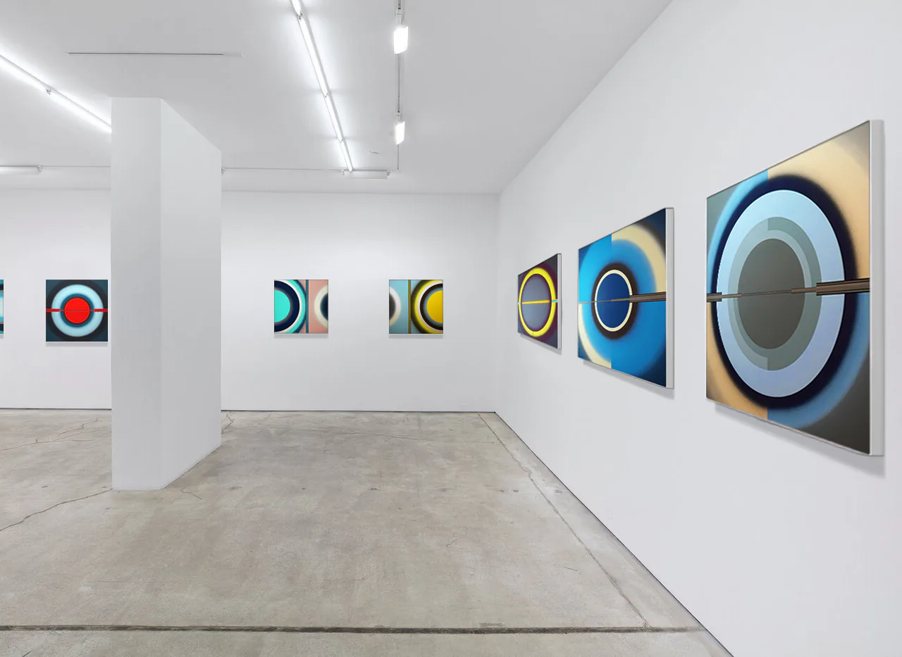 Pi Square exhibition view with Emanations paintings in a contemporary gallery space