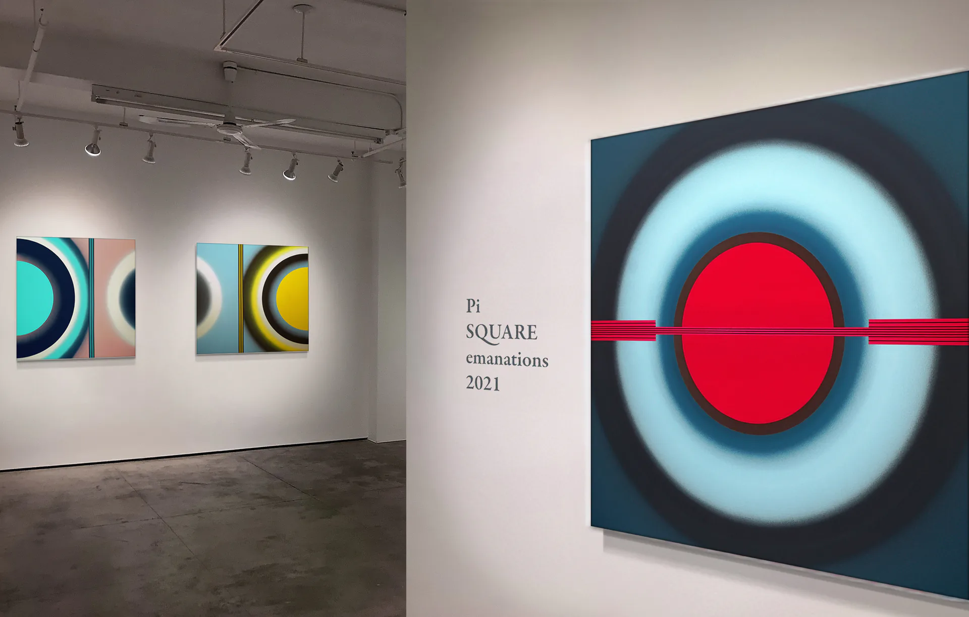 Pi Square exhibition installation showing paintings in relation to architectural space