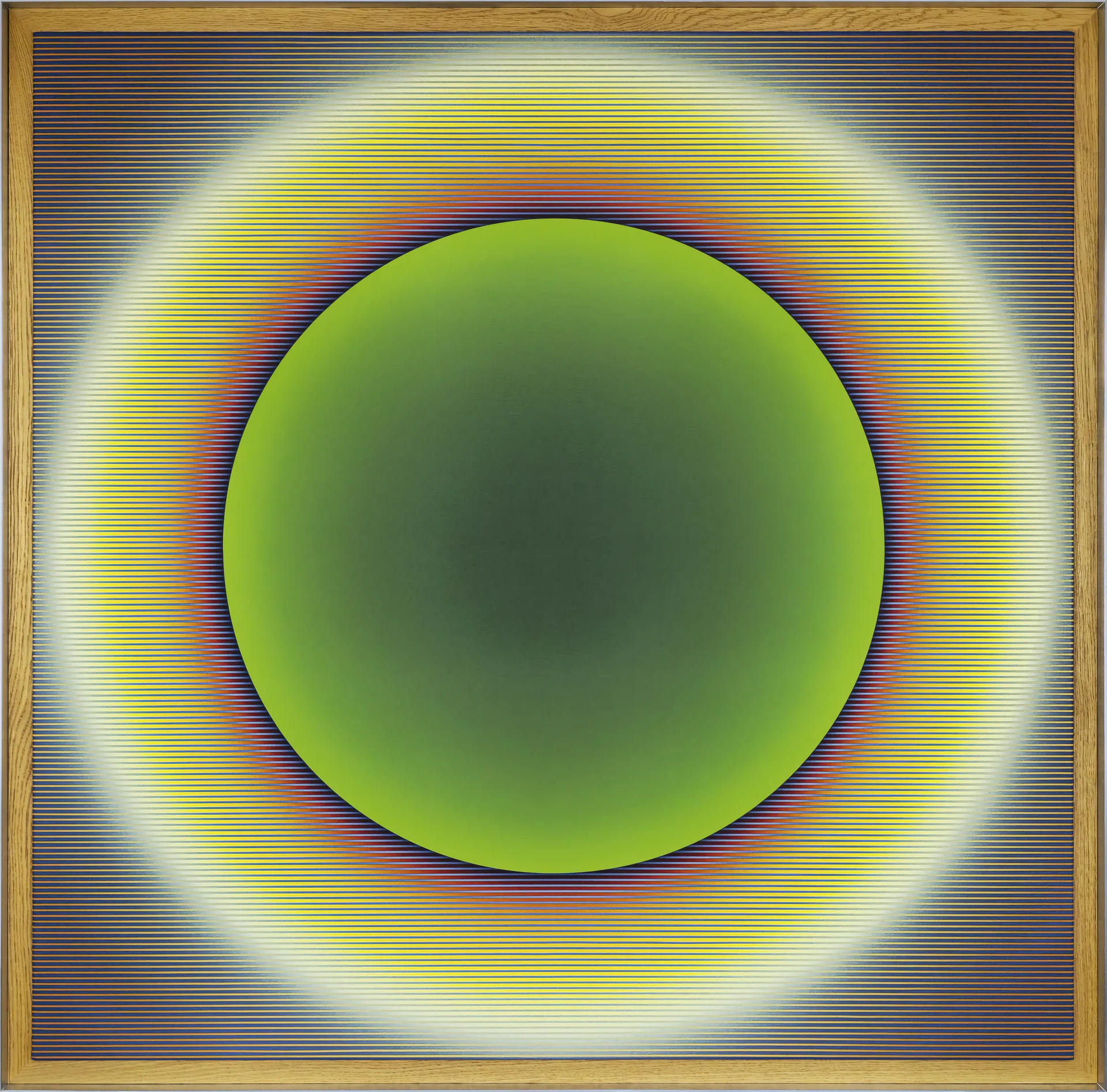 Pi Square Emanations painting with green central circular form and optical color field
